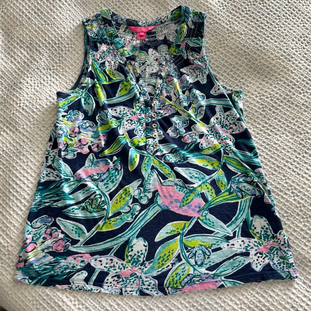 Lilly Pulitzer Essie Tank Top in Bright Navy Sway this Way Print Sleeveless S
